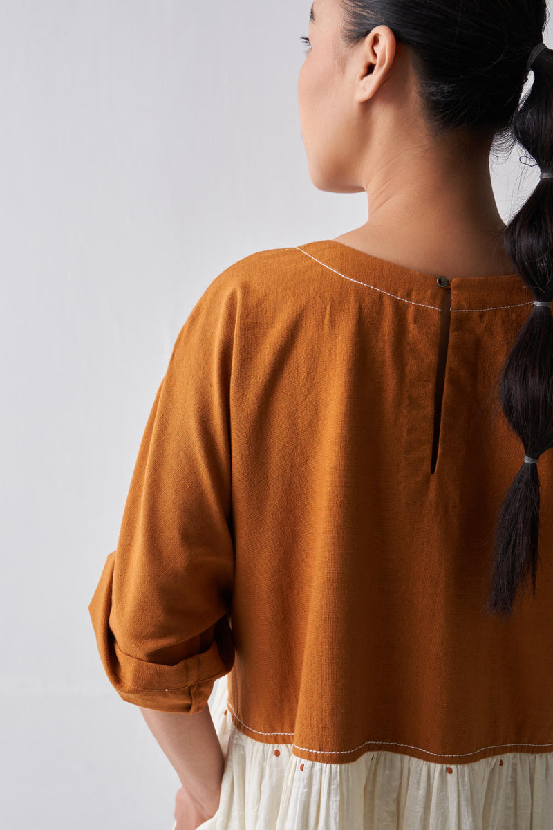 YOKE GATHERED DRESS Dress by THREE in rust color for women Worldwide