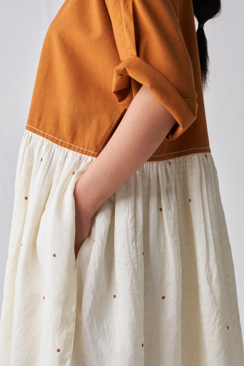 YOKE GATHERED DRESS Dress by THREE in rust color for women Worldwide