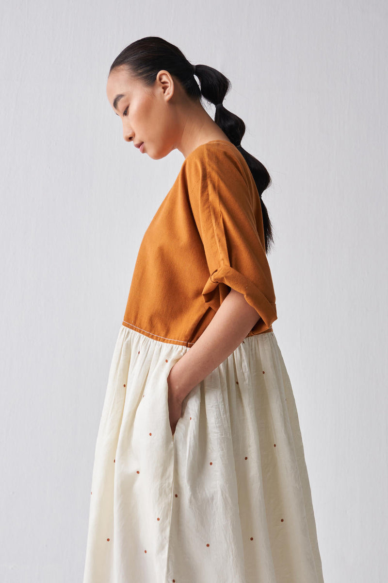 YOKE GATHERED DRESS Dress by THREE in rust color for women Worldwide