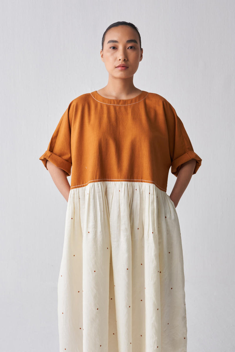YOKE GATHERED DRESS Dress by THREE in rust color for women Worldwide