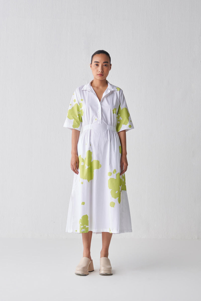 COLLARED SIDE ELASTIC WAIST DRESS Dress by THREE in white color for women Worldwide
