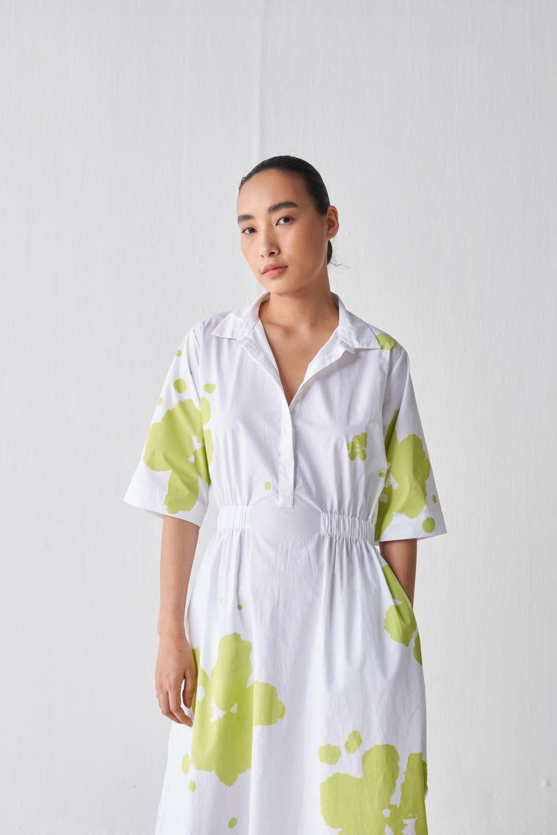 COLLARED SIDE ELASTIC WAIST DRESS Dress by THREE in white color for women Worldwide