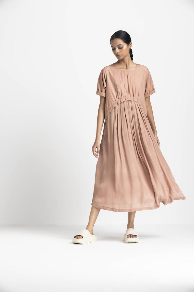 YOKE GATHER DRESS - CHAMPAGNE poplin by THREE in pink color for women Worldwide