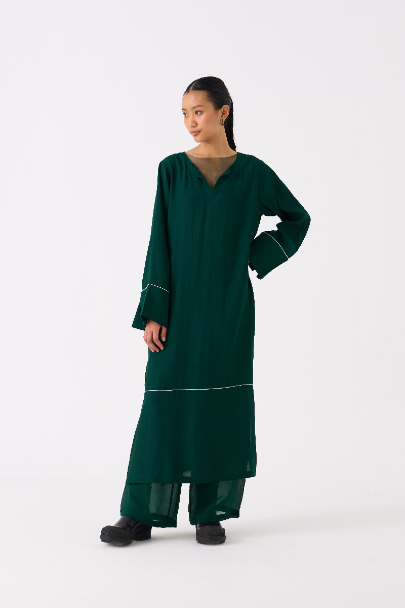 V-NECK KAFTAN- DARK GREEN bemberg by THREE in green color for women Worldwide