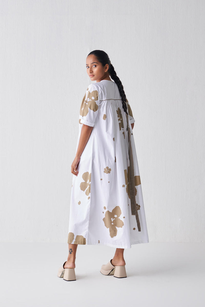 GATHER NECK DRESS (SAGE PRINT) Dress by THREE in white color for women Worldwide