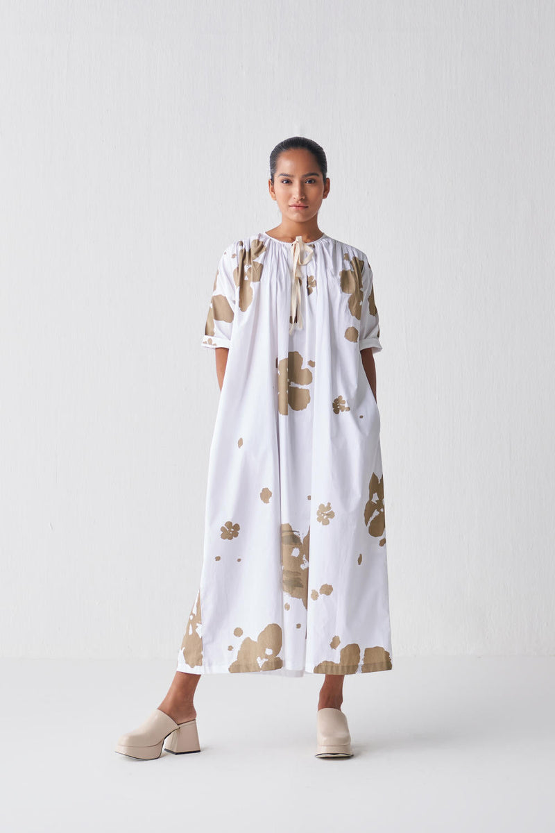 GATHER NECK DRESS (SAGE PRINT) Dress by THREE in white color for women Worldwide