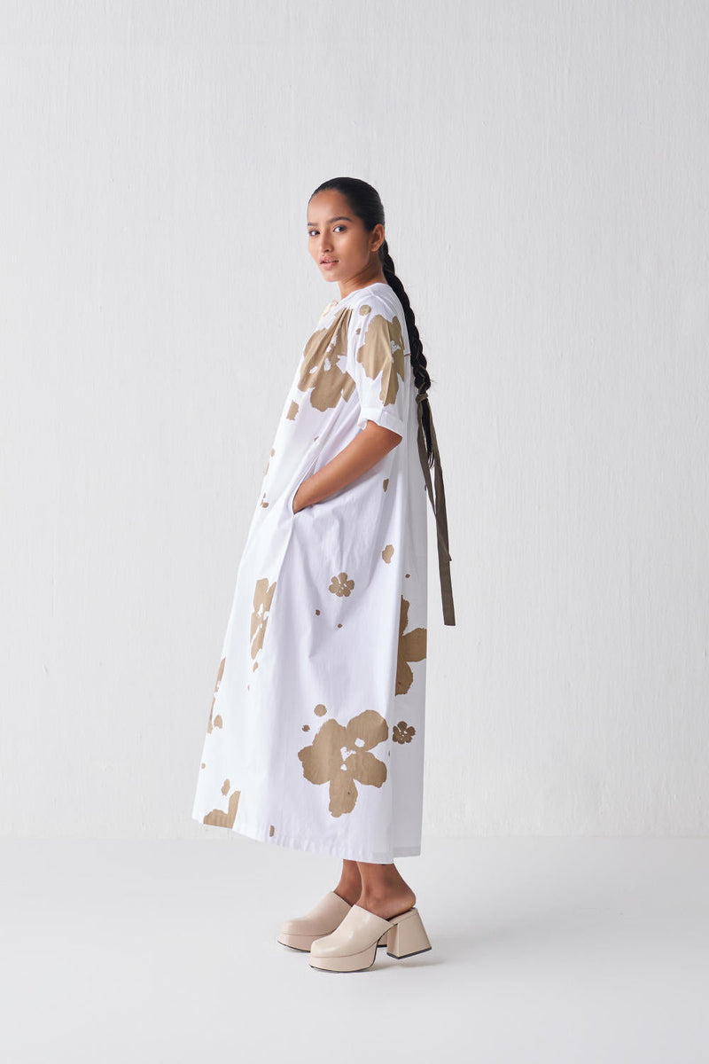 GATHER NECK DRESS (SAGE PRINT) Dress by THREE in white color for women Worldwide