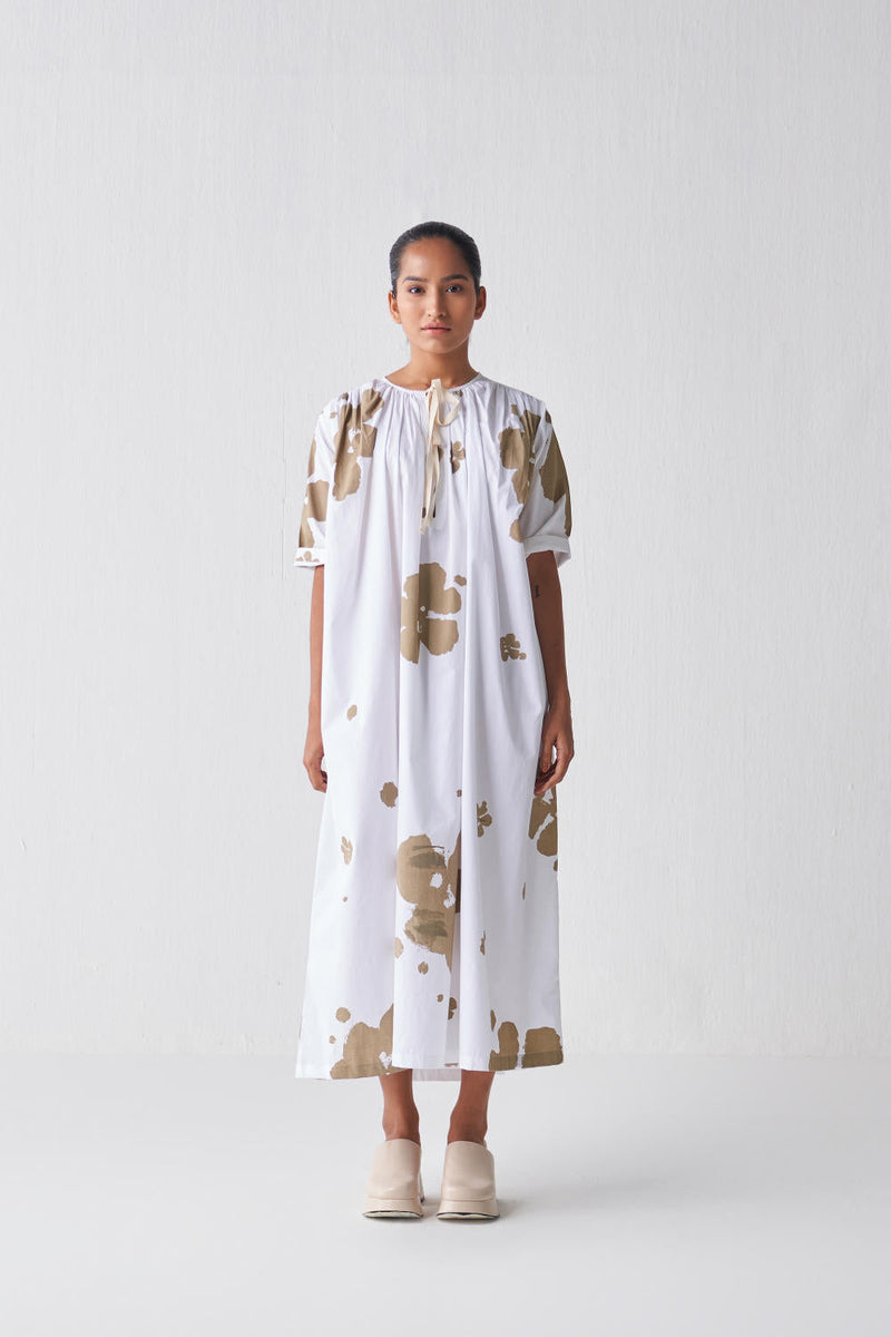 GATHER NECK DRESS (SAGE PRINT) Dress by THREE in white color for women Worldwide