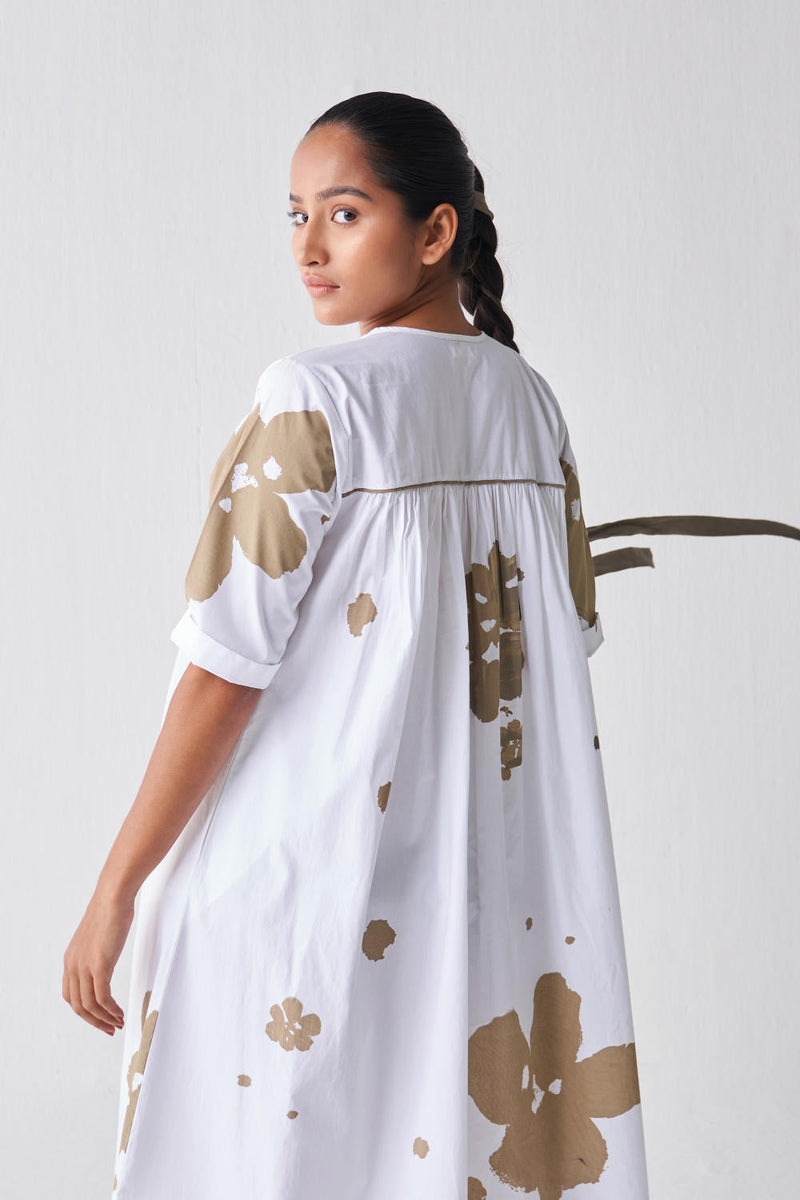 GATHER NECK DRESS (SAGE PRINT) Dress by THREE in white color for women Worldwide