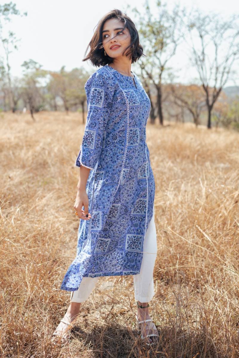 Jodhpur Kurta Set - Handblock Printed Cotton Kurta Set cotton by Marche in blue color for women Worldwide
