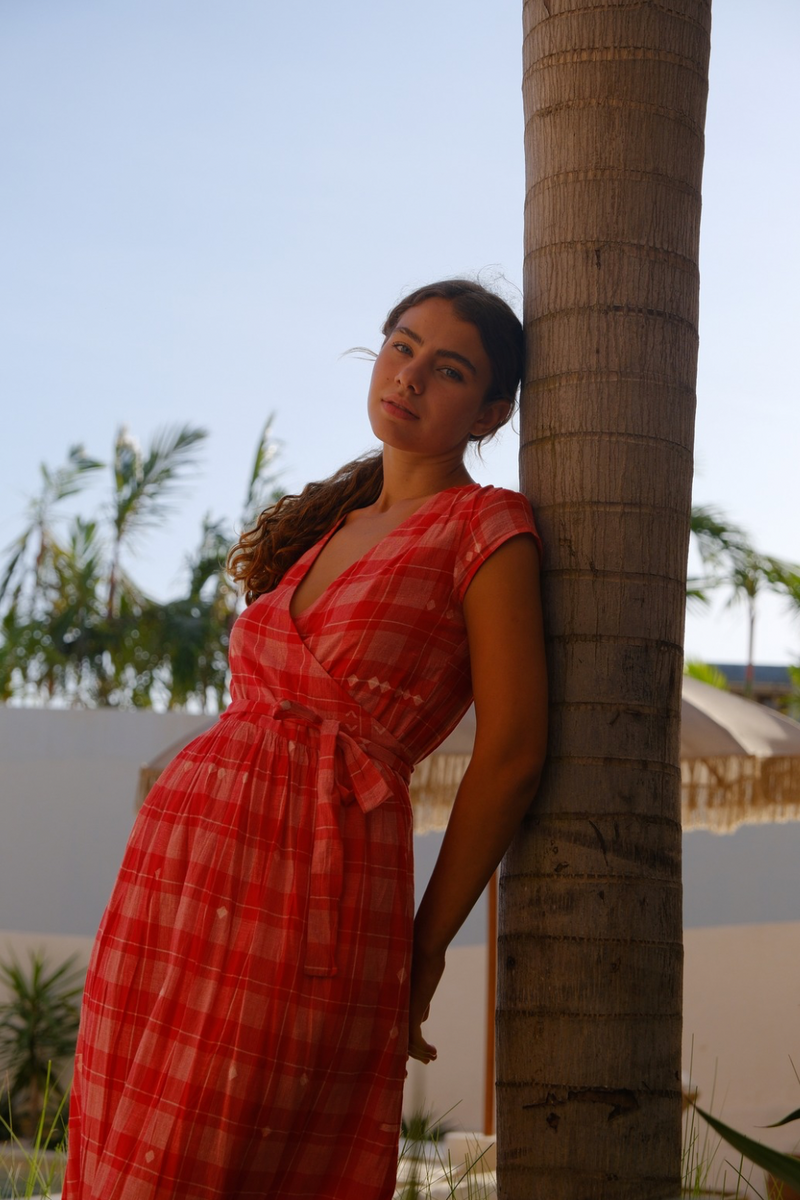 The Audrey Dress cotton by World of Crow in red color for women Worldwide