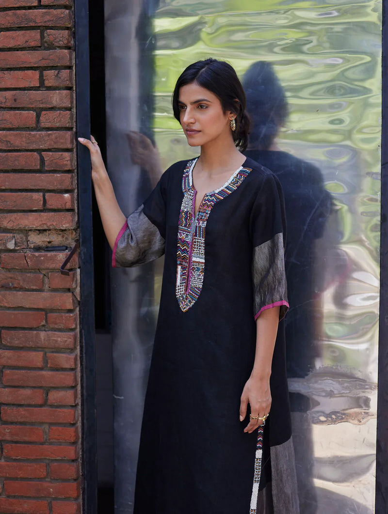 Mato Hand-Embroidered Kurta - Black linen by Manan in black color for women Worldwide