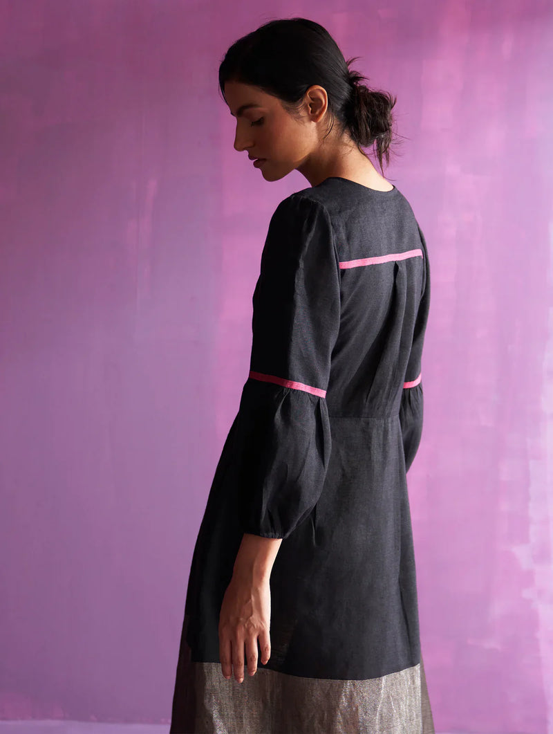 Zaina Metallic Wrap Dress - Black linen by Manan in black color for women Worldwide