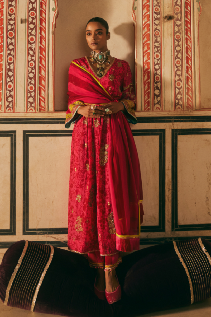 Khel Hot Pink Red Shadow Print Front Puckering Kurta Set mul by Rajiramniq in multi color for women Worldwide