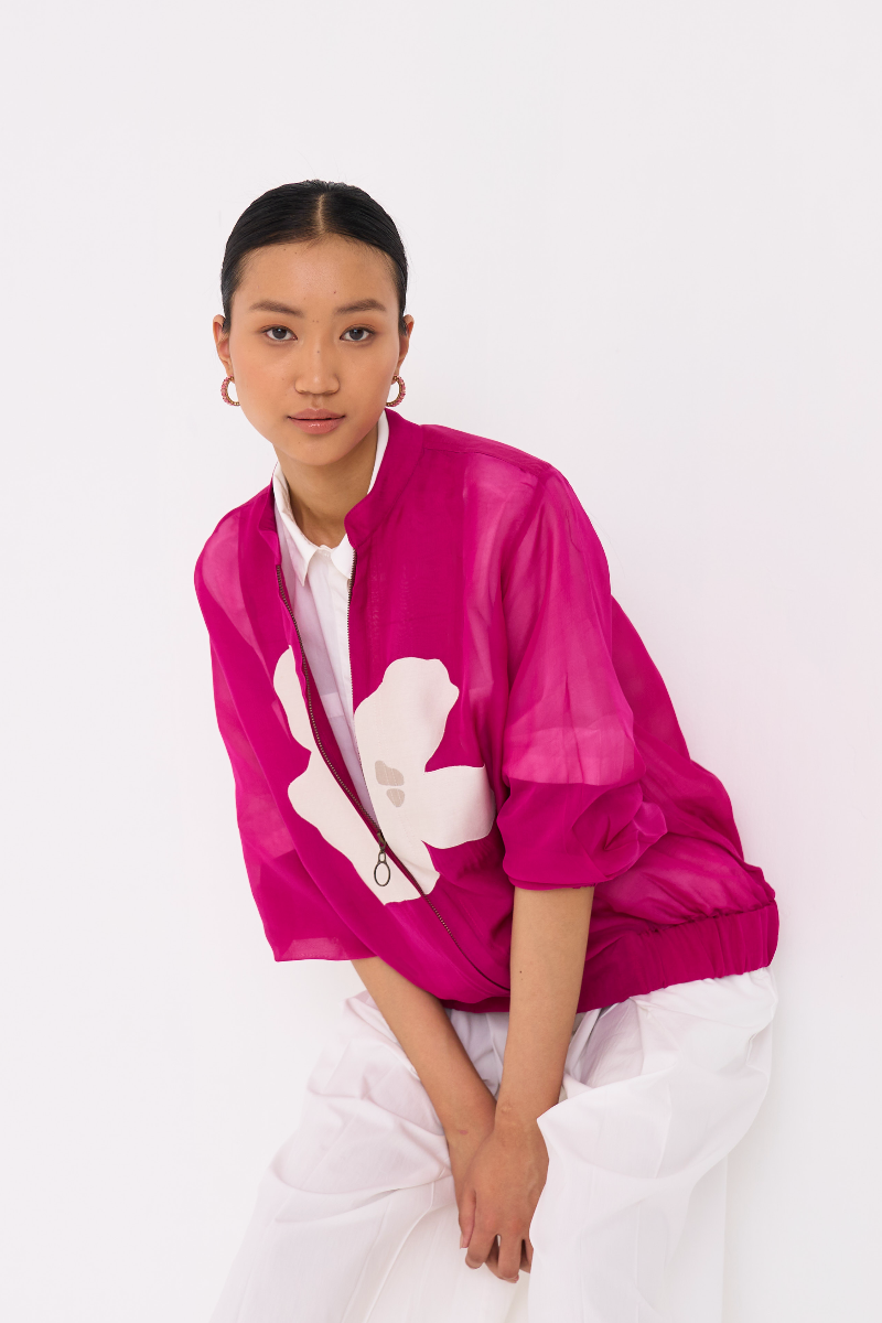 FLORAL APPLIQUE BOMBER JACKET CO-ORD (SET OF 3)-FUSCHIA poplin by THREE for women Worldwide