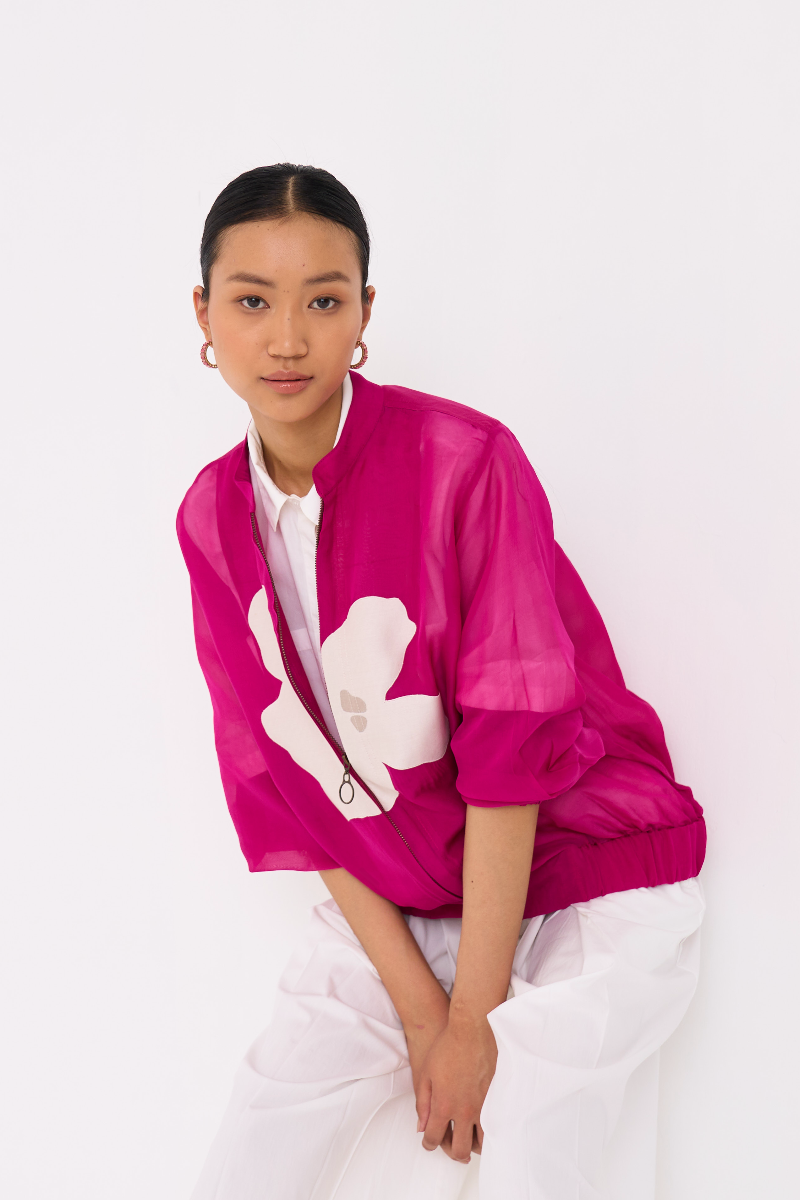 FLORAL APPLIQUE BOMBER JACKET CO-ORD (SET OF 3)-FUSCHIA