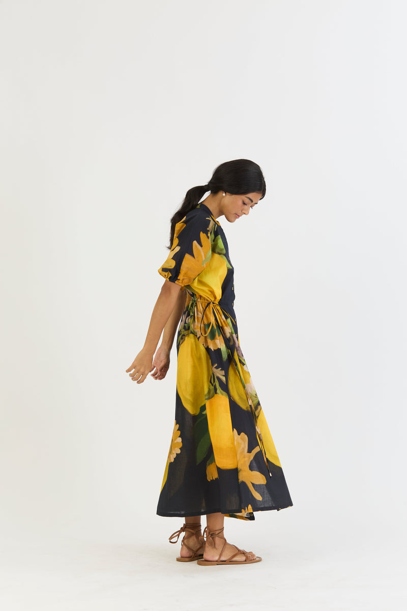 POMELLO SIDE TIE UP DRESS cotton by Yam in yellow color for women Worldwide