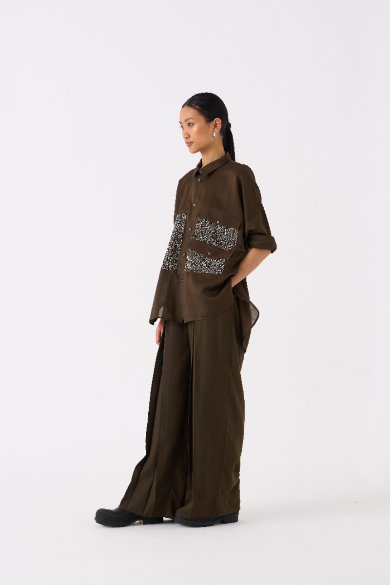PATCH POCKET SHIRT CO-ORD
(SET OF 2)-DARK OLIVE poplin by THREE in olive color for women Worldwide