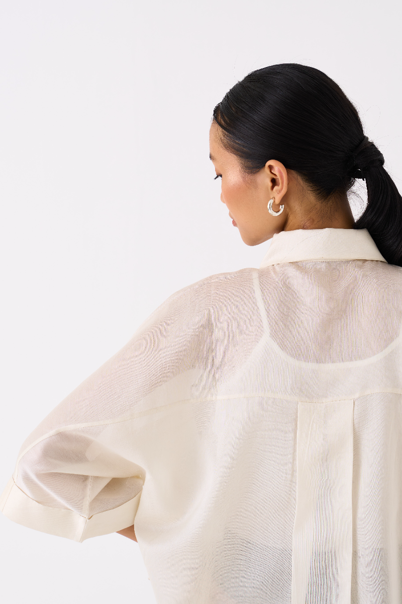 FLORAL APPLIQUE SHIRT-IVORY chanderi by THREE in ivory color for women Worldwide