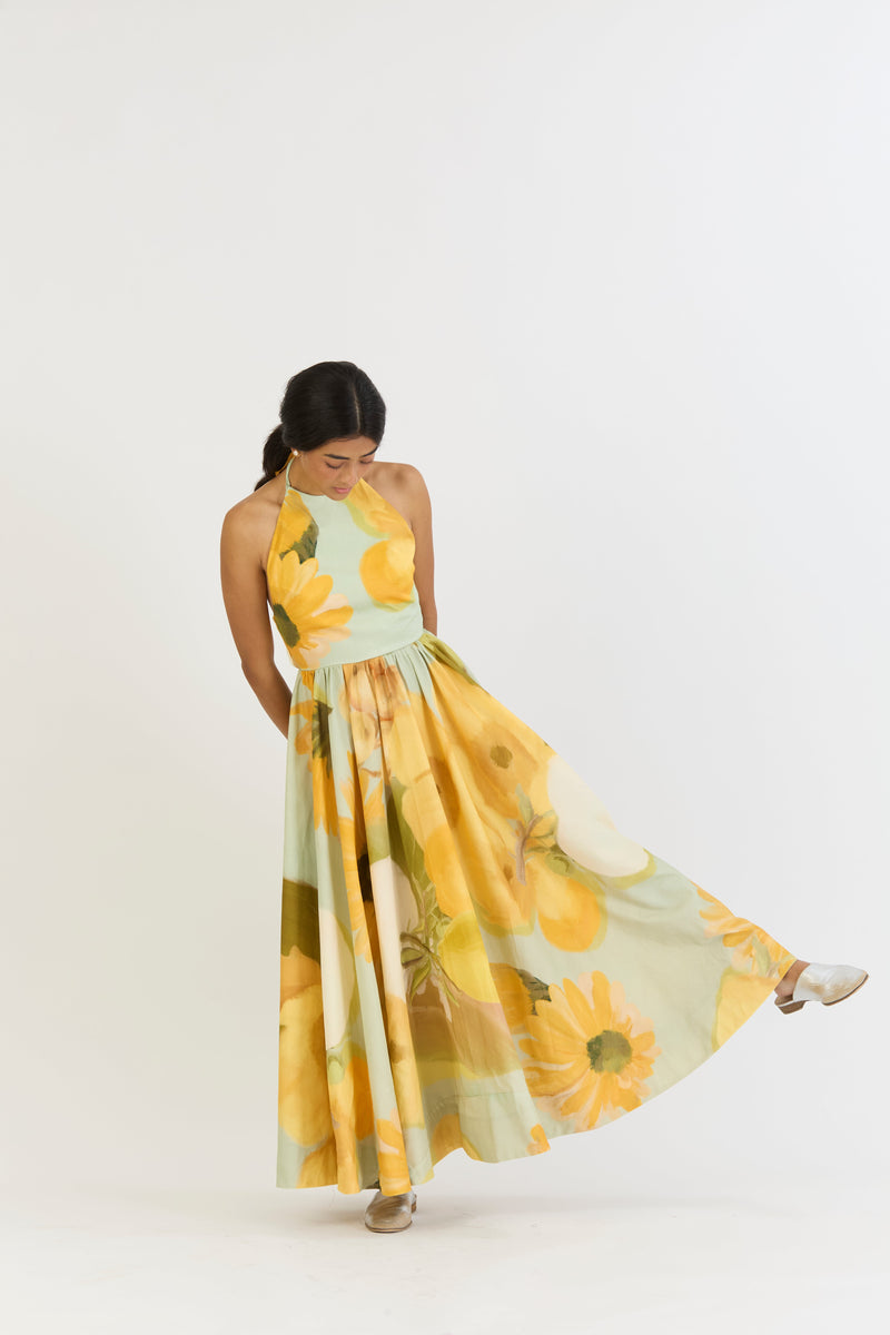 LEMONADE HALTER NECK DRESS satin by Yam in yellow color for women Worldwide