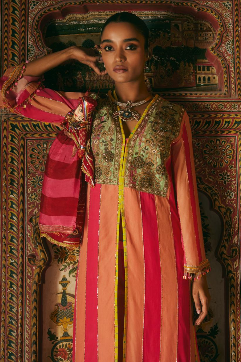 Khel Pink and Nude Yokr Embellished Jacket Kurta Set mul by Rajiramniq in multi color for women Worldwide