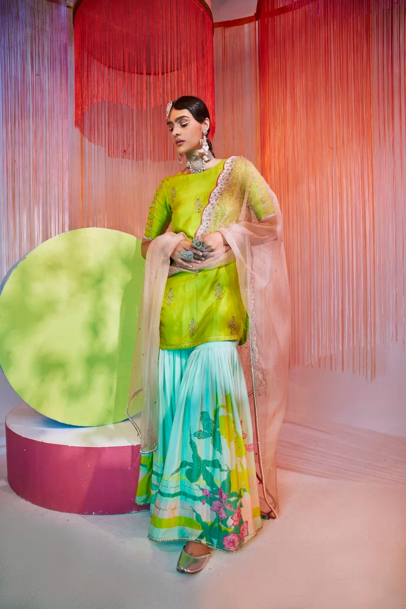 BRIGHT GREEN ORCHID GHARARA SET Kurta Sets by Rajiramniq for women Worldwide