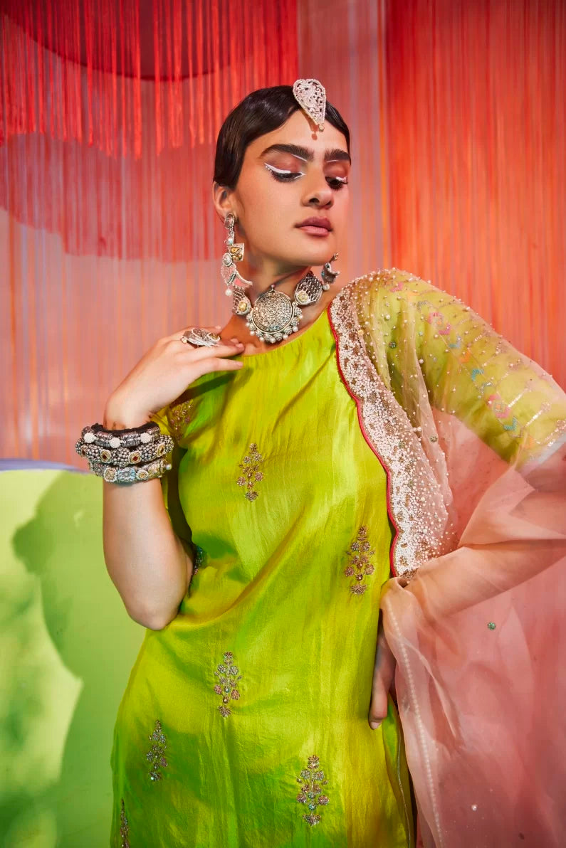 BRIGHT GREEN ORCHID GHARARA SET Kurta Sets by Rajiramniq for women Worldwide