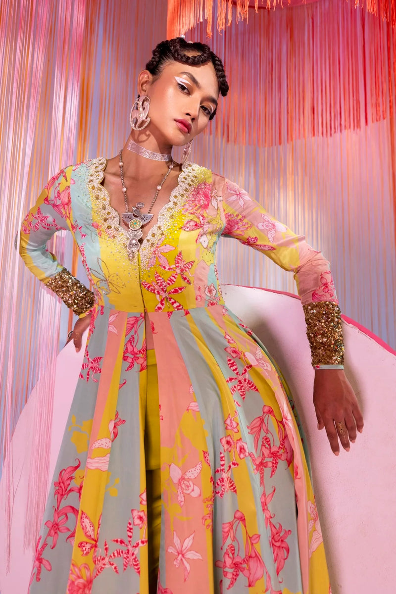 LIME YELLOW ORCHID ANARKALI SET Kurta Sets by Rajiramniq for women Worldwide