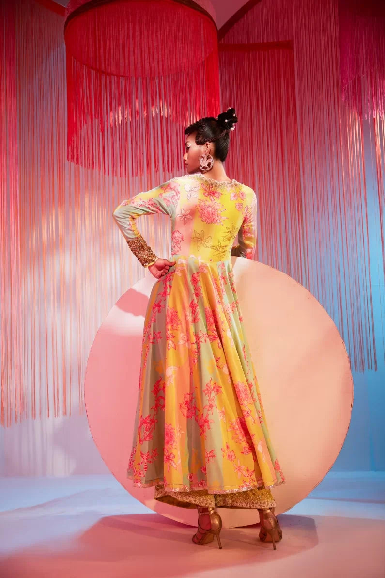 LIME YELLOW ORCHID ANARKALI SET Kurta Sets by Rajiramniq for women Worldwide