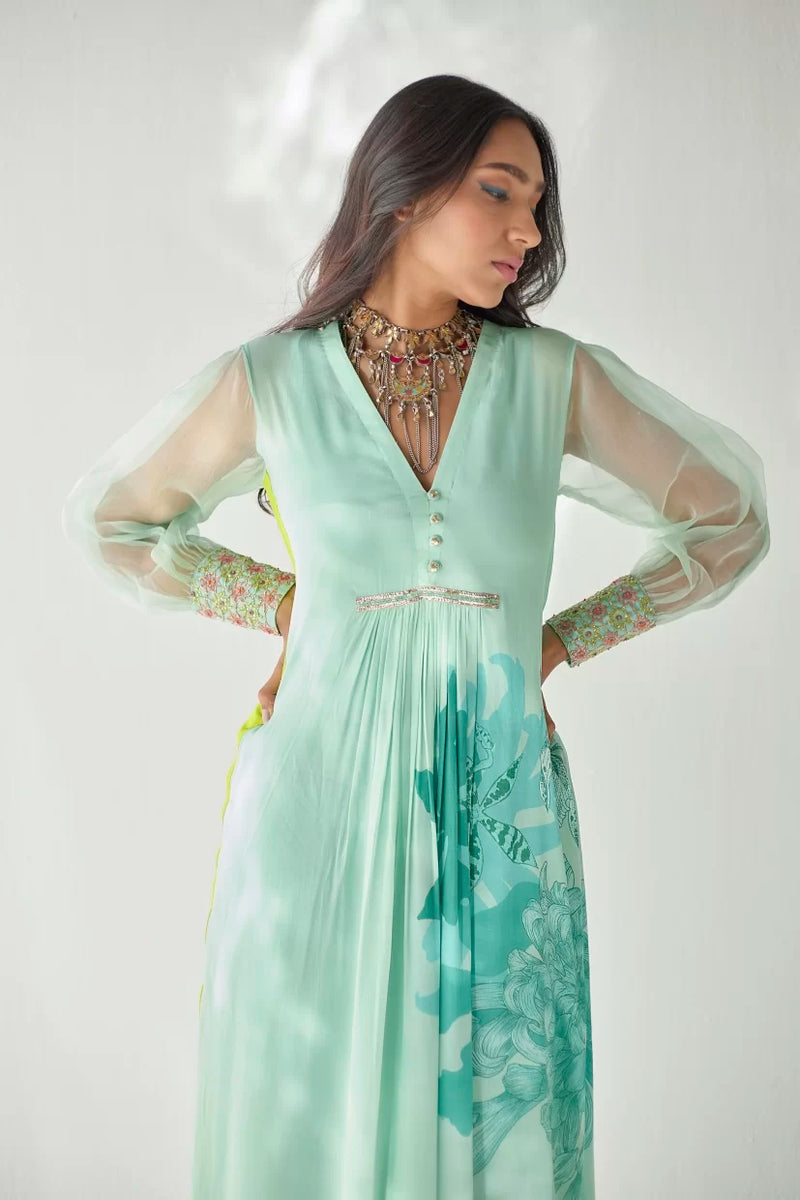 SEA GREEN SIDE FLOWER KURTA SET Kurta Sets by Rajiramniq for women Worldwide