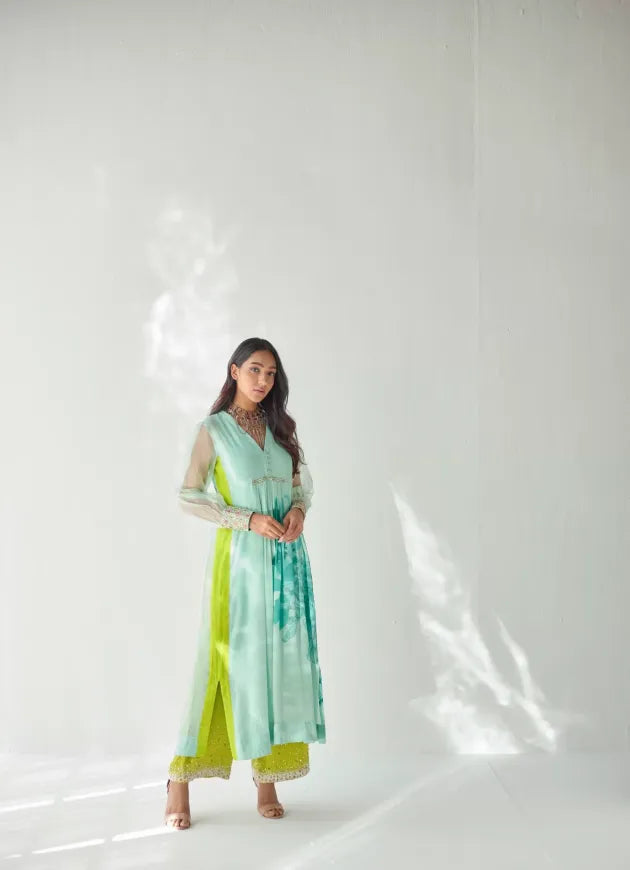 SEA GREEN SIDE FLOWER KURTA SET Kurta Sets by Rajiramniq for women Worldwide