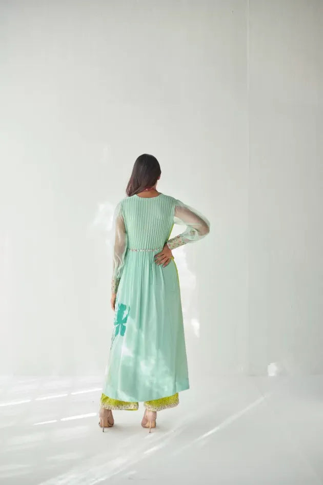 SEA GREEN SIDE FLOWER KURTA SET Kurta Sets by Rajiramniq for women Worldwide