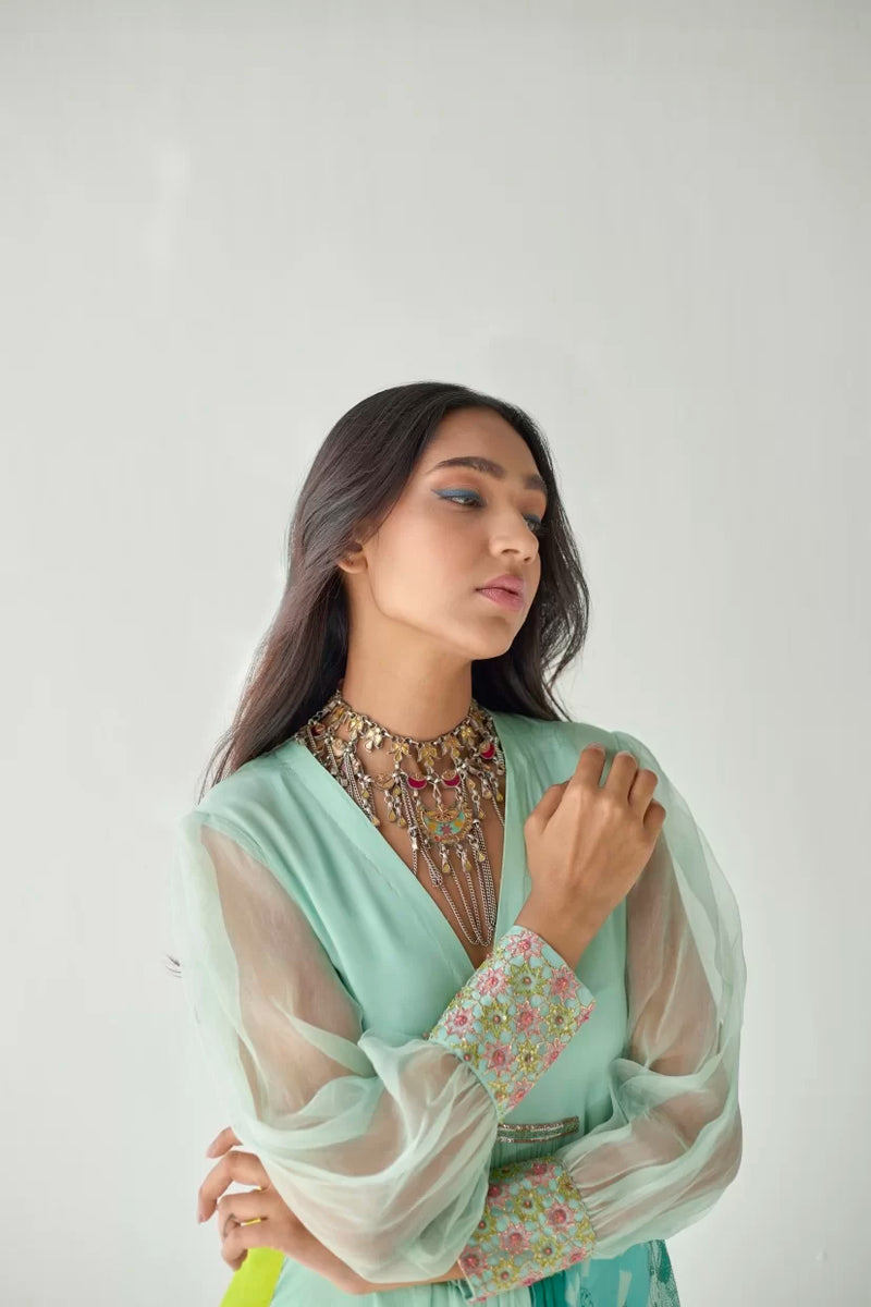 SEA GREEN SIDE FLOWER KURTA SET Kurta Sets by Rajiramniq for women Worldwide