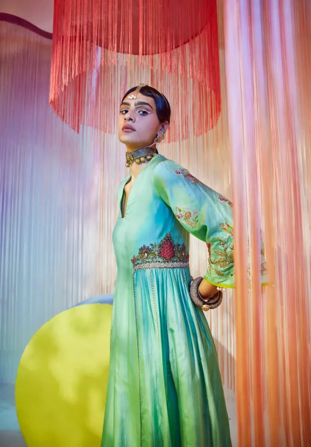 SEA GREEN SIDE KALI KURTA SET Kurta Sets by Rajiramniq for women Worldwide