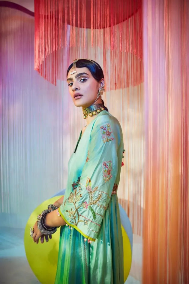 SEA GREEN SIDE KALI KURTA SET Kurta Sets by Rajiramniq for women Worldwide
