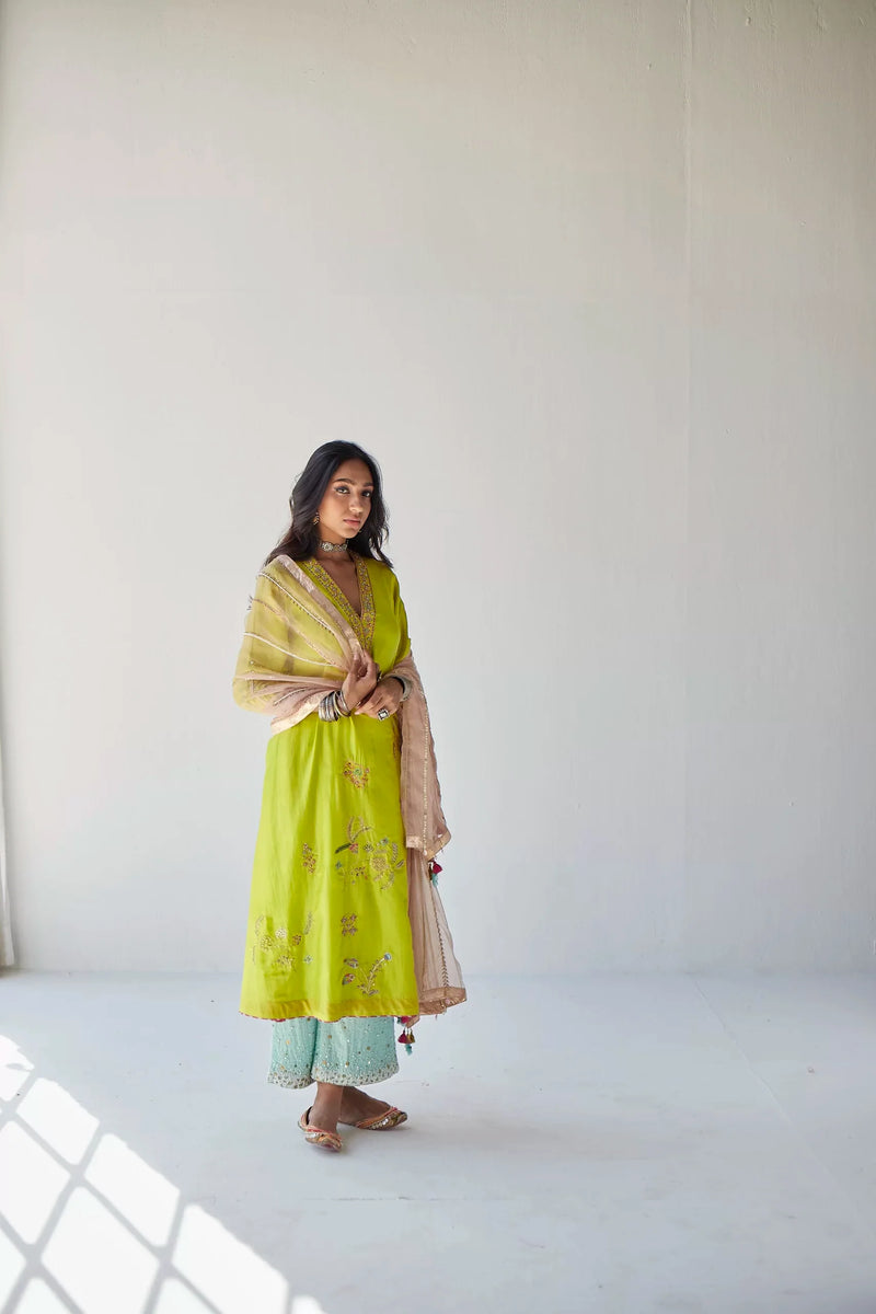 LIME GREEN JAAL SILK KURTA SET Kurta Sets by Rajiramniq for women Worldwide