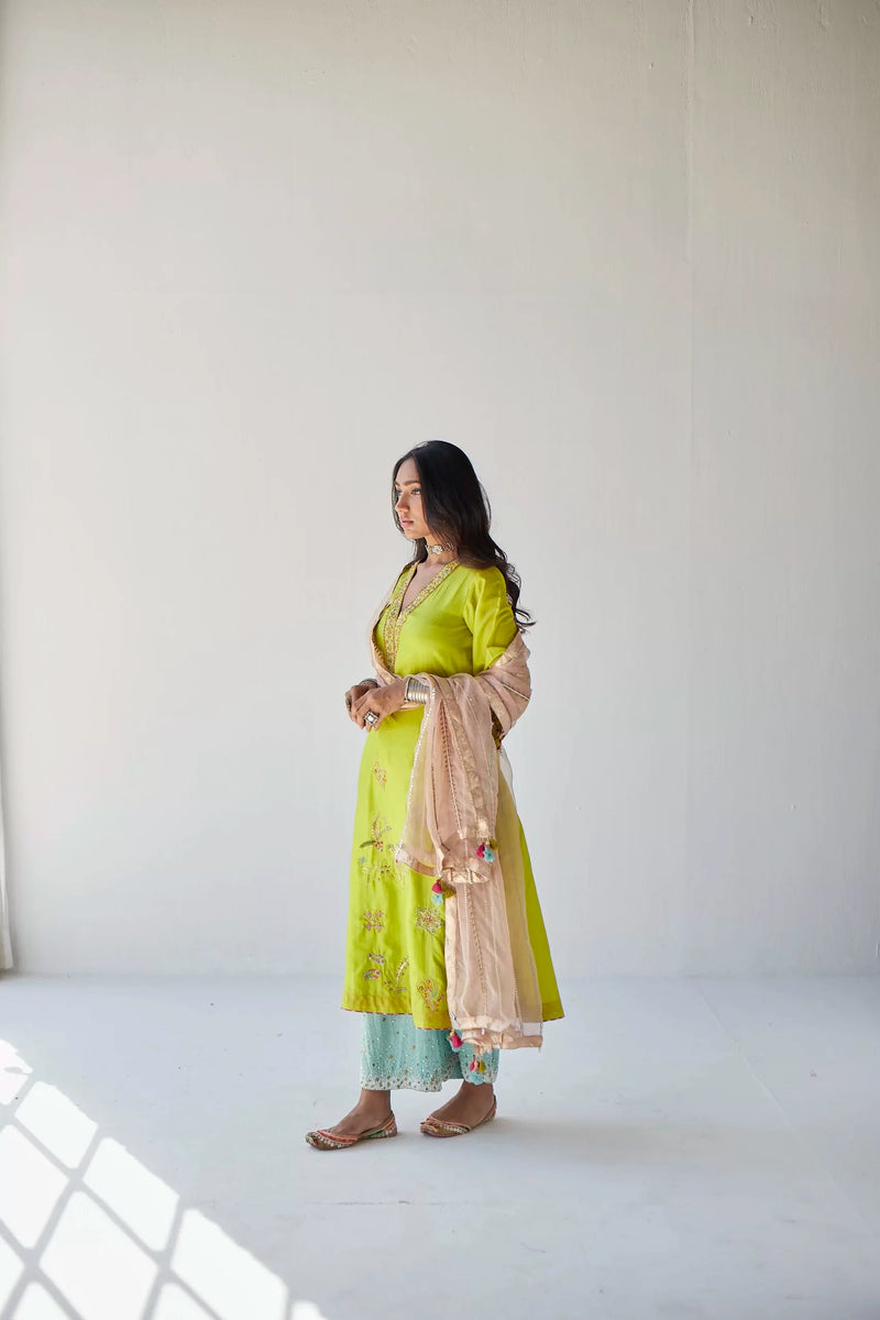 LIME GREEN JAAL SILK KURTA SET Kurta Sets by Rajiramniq for women Worldwide