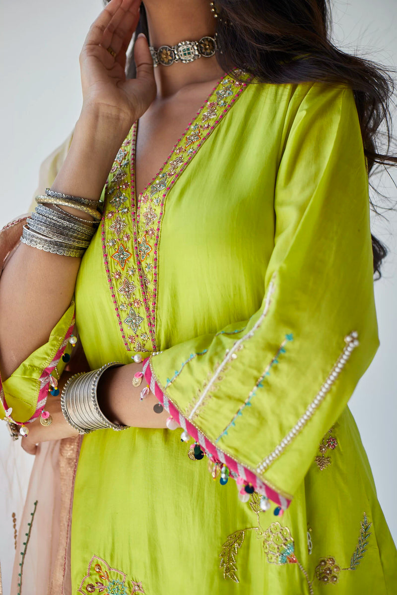 LIME GREEN JAAL SILK KURTA SET Kurta Sets by Rajiramniq for women Worldwide