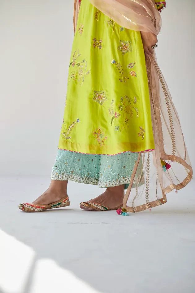 LIME GREEN JAAL SILK KURTA SET Kurta Sets by Rajiramniq for women Worldwide