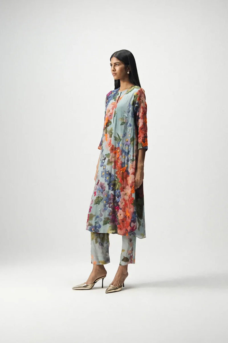 DARLINGTON LONG EMBROIDERED KURTA SET mul by Yam in multi color for women Worldwide