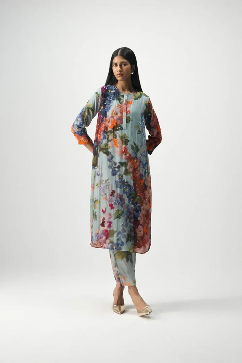 DARLINGTON LONG EMBROIDERED KURTA SET mul by Yam in multi color for women Worldwide
