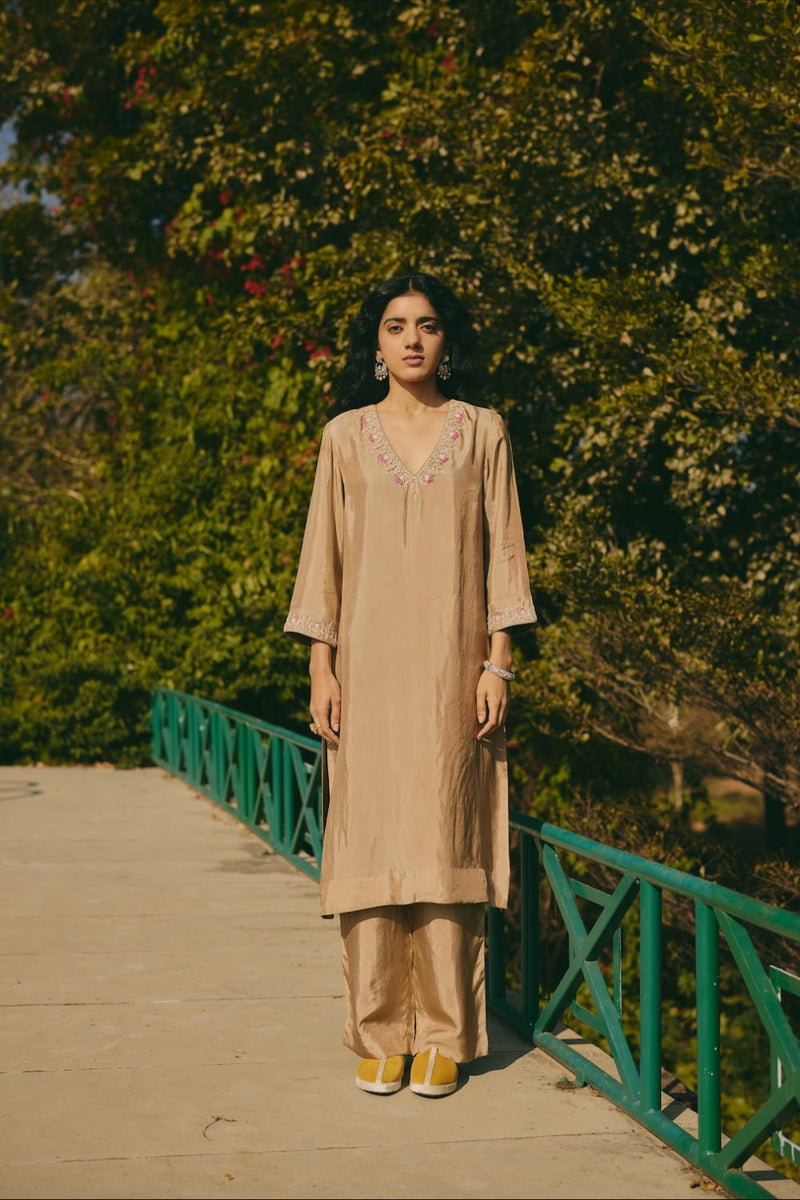 DARYA & KEYA KURTA & PANT silk by Rashika Mittal in brown color for women Worldwide