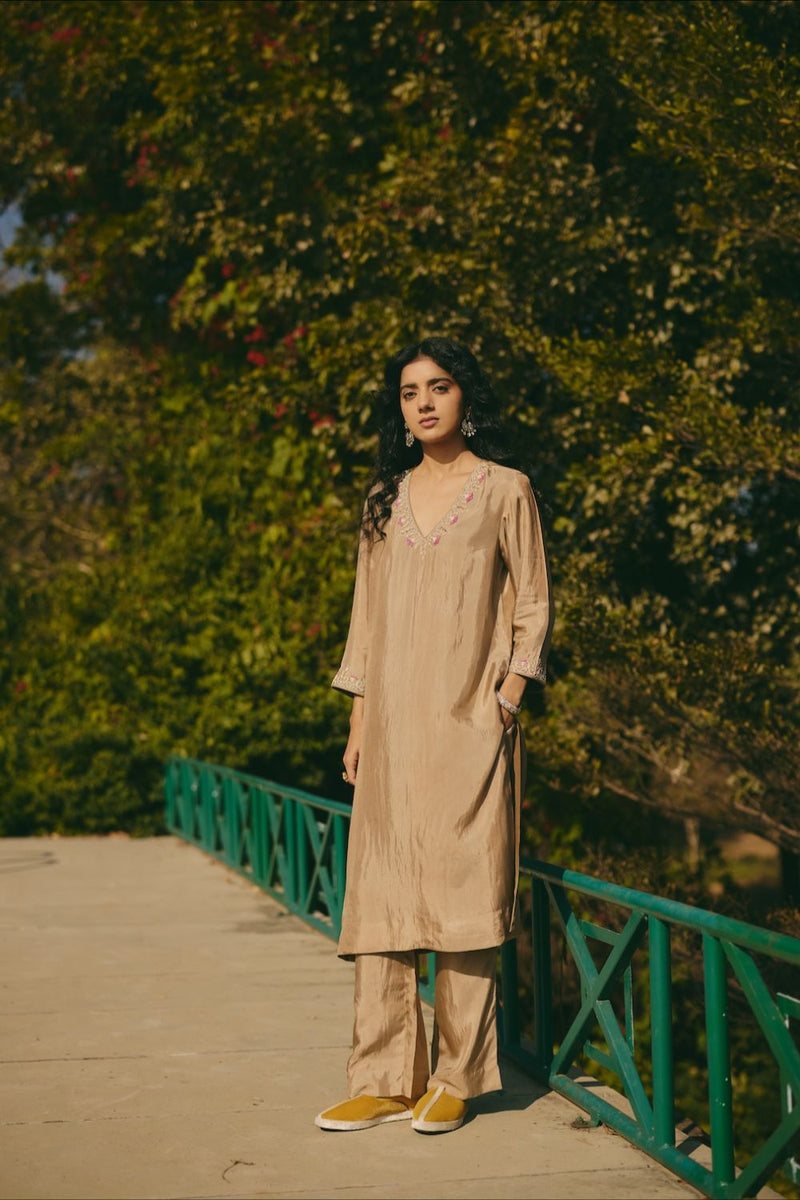 DARYA & KEYA KURTA & PANT silk by Rashika Mittal in brown color for women Worldwide