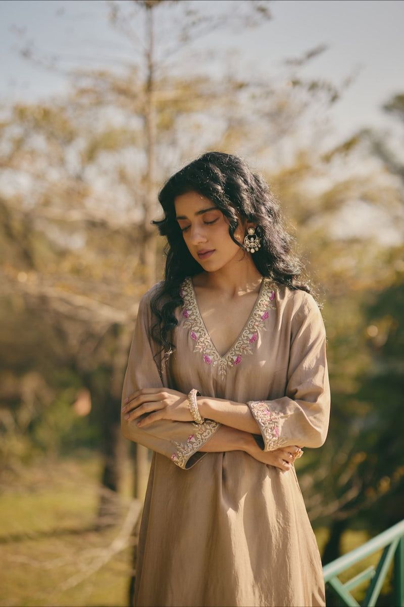 DARYA & KEYA KURTA & PANT silk by Rashika Mittal in brown color for women Worldwide