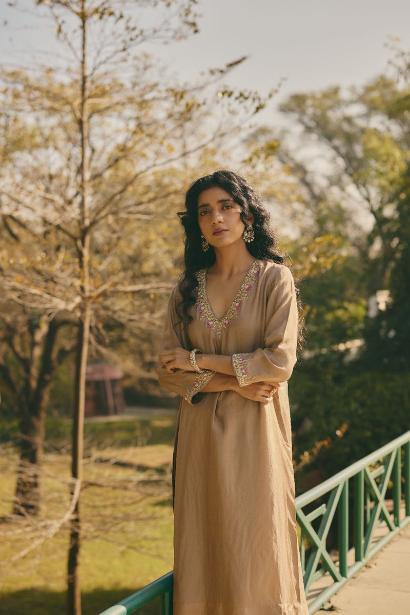 DARYA & KEYA KURTA & PANT silk by Rashika Mittal in brown color for women Worldwide
