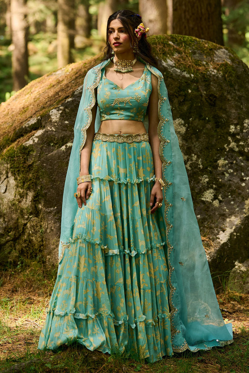 Dawn Lehenga Set georgettte by Paulmi & Harsh-kahan Sep'26 in blue for women Worldwide