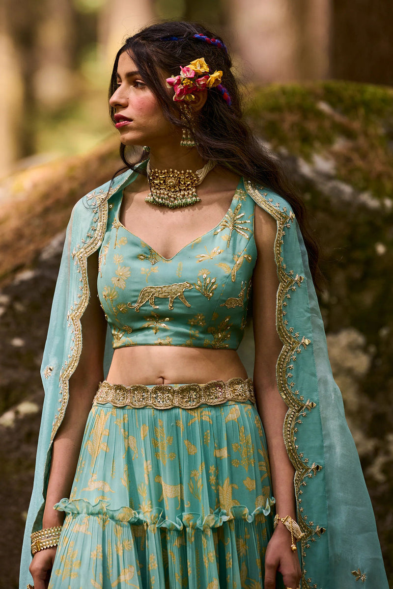Dawn Lehenga Set georgettte by Paulmi & Harsh-kahan Sep'26 in blue for women Worldwide