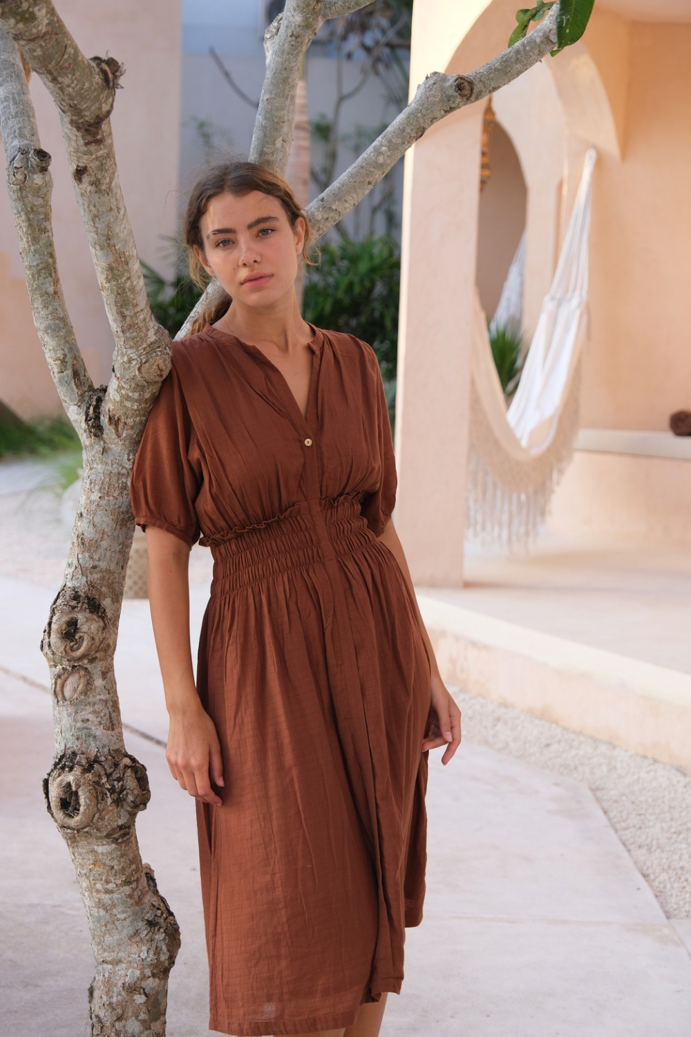 Brown Elasticated Midi Dress