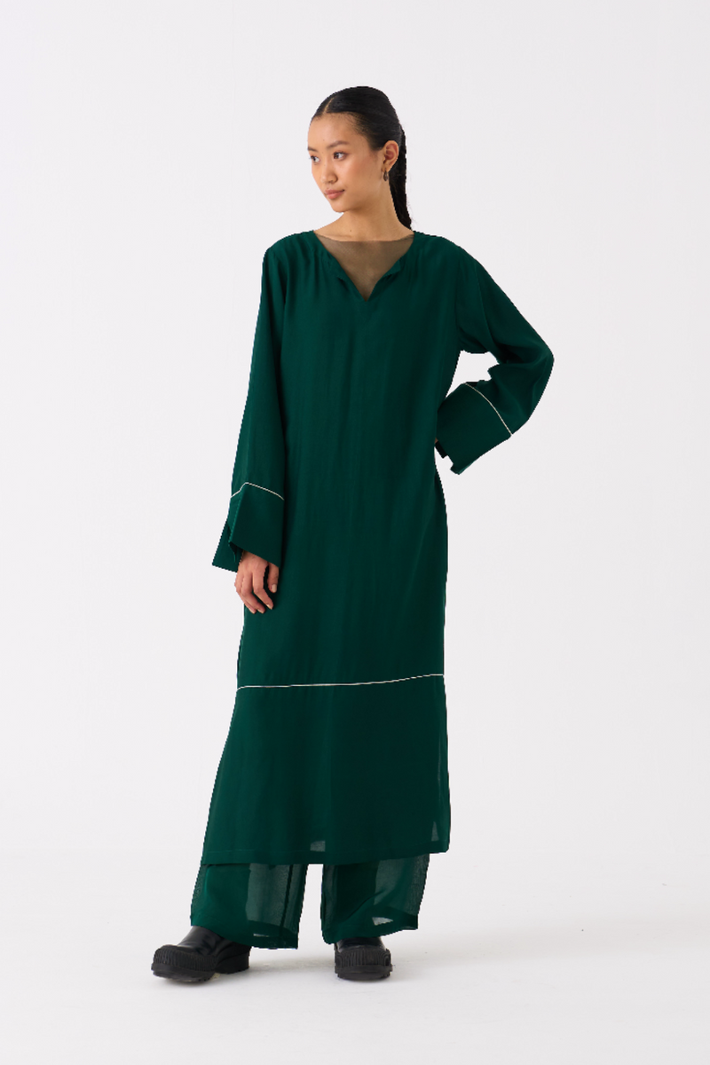 V-NECK KAFTAN CO-ORD 
(SET OF 2)-DARK GREEN bemberg by THREE in green color for women Worldwide
