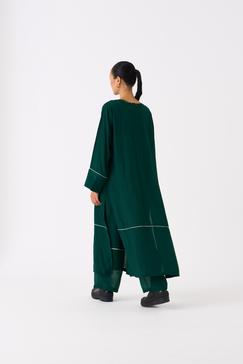 V-NECK KAFTAN- DARK GREEN bemberg by THREE in green color for women Worldwide